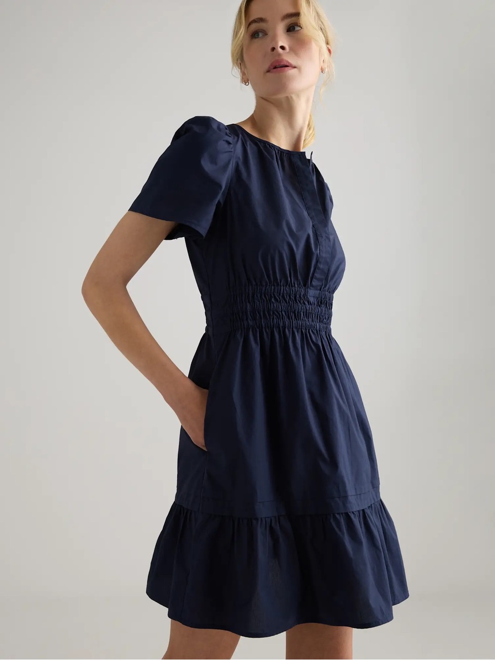 Quince organic cotton tiered mini dress XS NWT Navy